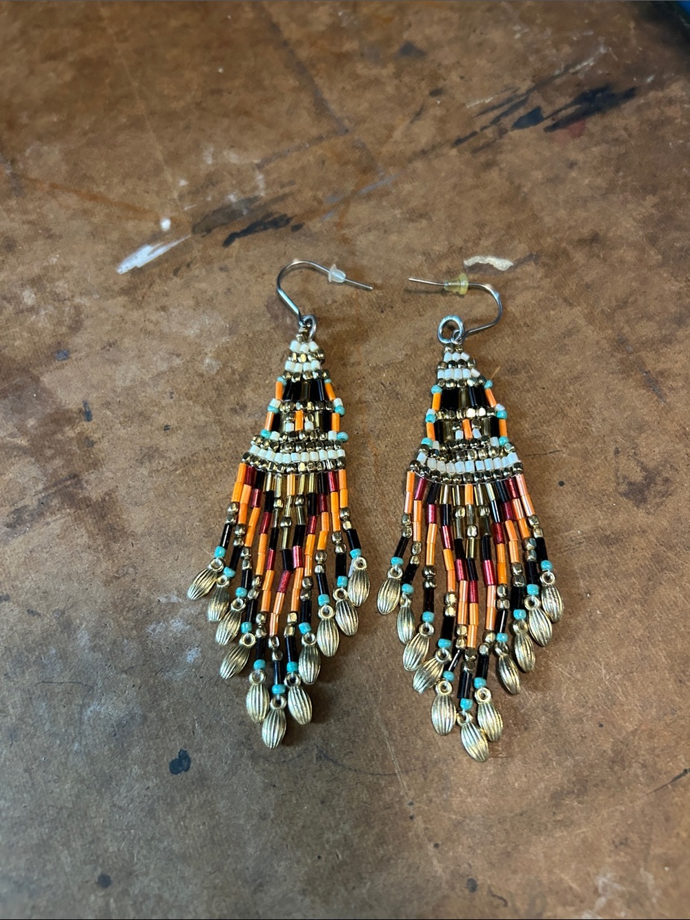 Myra Bag Beaded Earrings in Southwestern Hues of Burnt Orange and Turquoise